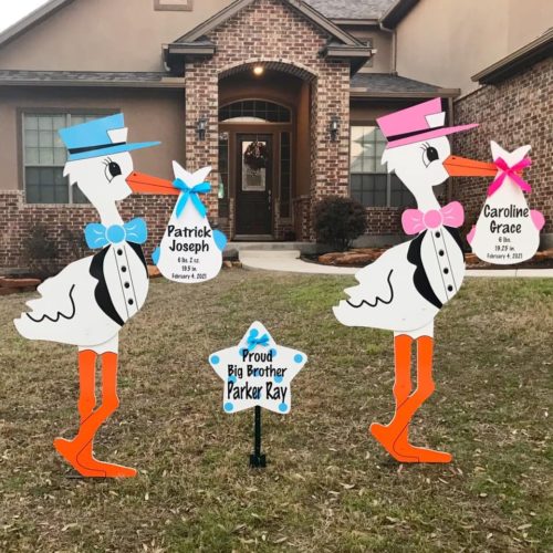 Twin Pink and Blue Stork Sign With Generic Bundles and Sibling Star, Birth Announcement Yard Stork Sign in Germantown, Collierville, Memphis