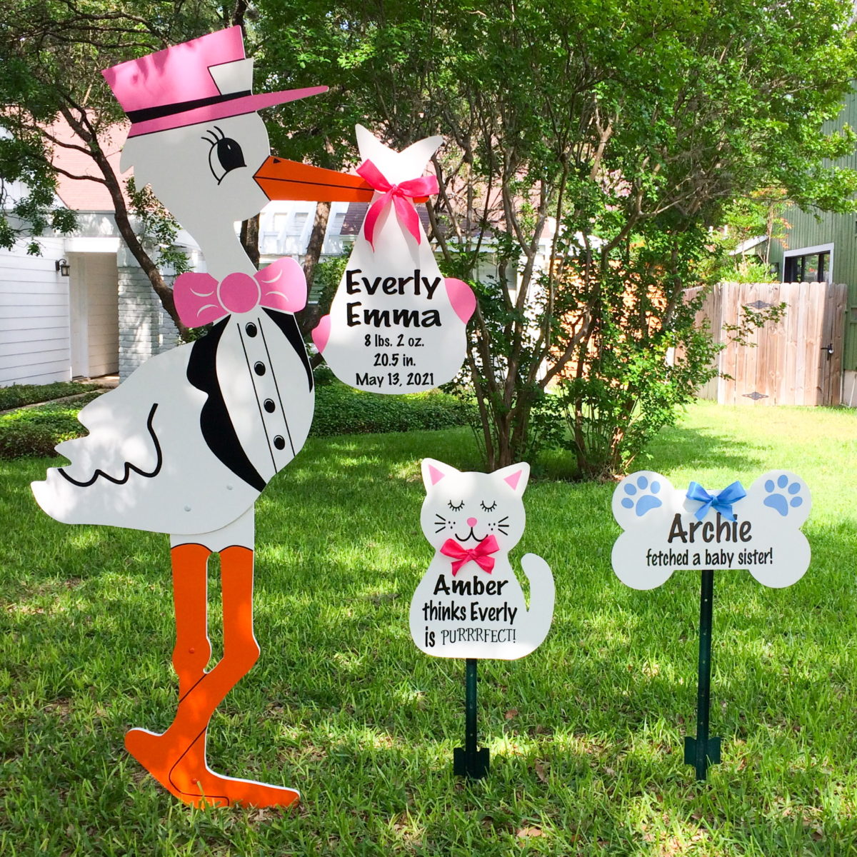 Pink Stork Sign with Cat and Dog Bone Pet Signs, Birth Announcement Yard Stork Sign in Germantown, Collierville, Memphis